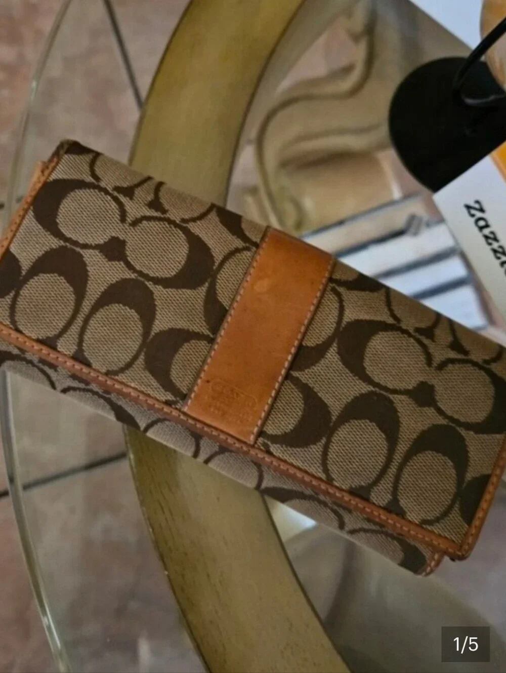 Coach Signature C Canvas Tan Genuine Leather Stripe Full-size Snap Wallet